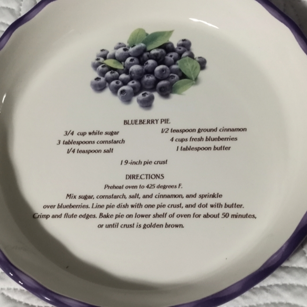 Pie pan with blueberry pie recipe printed on pan